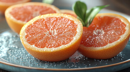 Several sliced grapefruits on a teal plate, with leaves.

