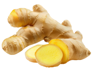 Fresh whole ginger root and sliced ginger showing vibrant yellow interior, ideal for culinary, medicinal, and health-related uses. Isolated on transparent or white background.