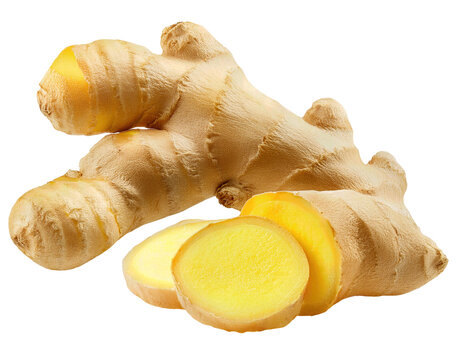 Fresh whole ginger root and sliced ginger showing vibrant yellow interior, ideal for culinary, medicinal, and health-related uses. Isolated on transparent or white background.
