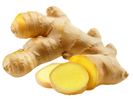 Fresh whole ginger root and sliced ginger showing vibrant yellow interior, ideal for culinary, medicinal, and health-related uses. Isolated on transparent or white background.