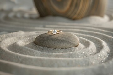 Naklejka premium Diamond Ring on a Rock in a Sand Garden