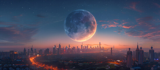 Full Moon Illuminating a Vibrant Cityscape
