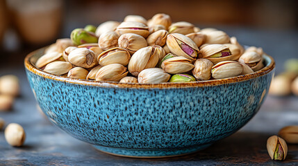 A light teal bowl filled with pistachios.

