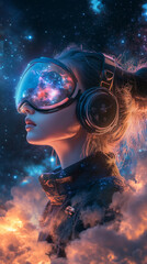 Galaxy Girl drifts through the cosmos, her radiant hair flowing like streams of stardust against the vast expanse of space.  