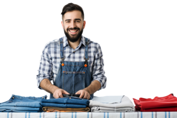 Happy laundry business owner presenting ironed clothes, isolated on white background