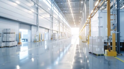Spacious modern warehouse interior featuring multiple loading bays, clean floors, and bright lighting, ready for industrial operations..