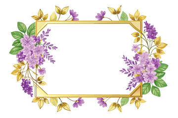 Obraz premium Golden Frame Decorated with Purple Flowers and Green Leaves
