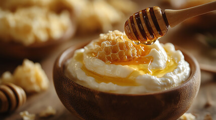 A wooden bowl of white yogurt topped with honey and honeycomb pieces