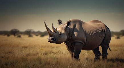 Fototapeta premium Stylized art of a Black rhino standing in a savanna landscape, showcasing its impressive horns and the expansive grasslands with a solid background and ample copy space.
