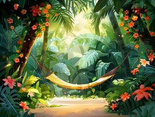 A serene hammock nestled in a lush tropical jungle, bathed in warm sunlight.  Perfect for relaxation and escape.