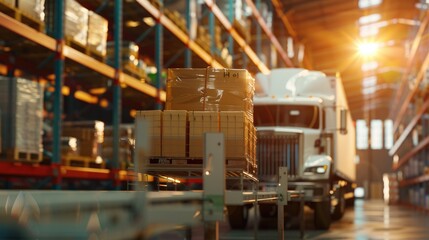 Naklejka premium A truck is being loaded with pallets in a large warehouse at sunrise, highlighting logistics, storage, and transportation operations..
