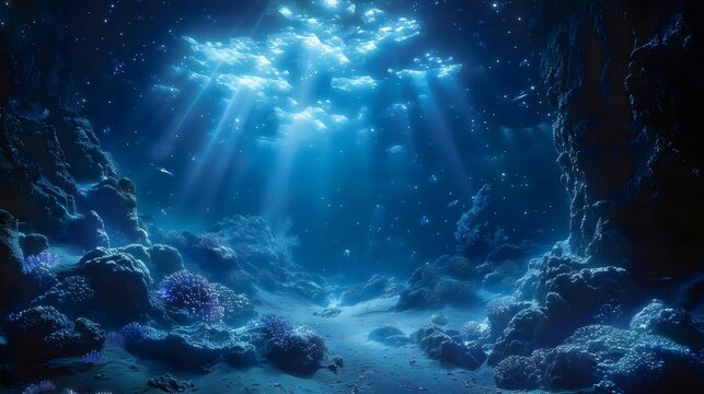 A deep blue ocean with sunlight shining through the water