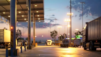 Trucks loading at warehouse docks during the evening, highlighting logistics, transportation, and cargo handling operations in a commercial setting..