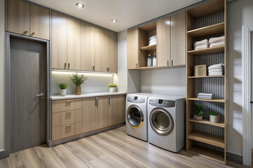 Sleek minimalist laundry room features streamlined appliances, built-in storage cabinets, and a dedicated folding area, evoking a sense of modern simplicity and functionality.