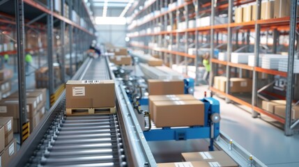 An automated warehouse featuring a conveyor belt system for efficient package sorting and distribution in a well-organized environment..