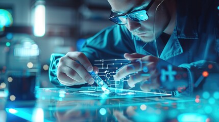 A scientist wearing protective eyewear analyzes complex data on a high-tech digital interface in a futuristic laboratory..