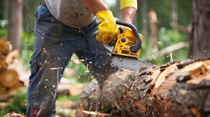 Close-up of a lumberjack using a chainsaw to cut a tree trunk, with sawdust flying in a forest setting..