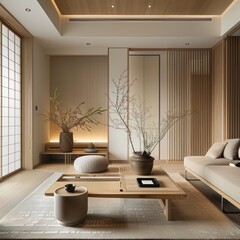 Contemporary home with Japandi interior: serene living room showcases fusion of Japanese and Scandinavian design for a stylish ambiance.