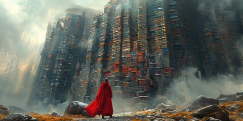 A solitary figure in a red cloak stands before a towering, futuristic metropolis.