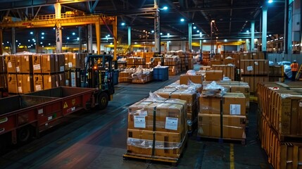 An advanced warehouse featuring an autonomous truck navigating through the facility at night, showcasing modern logistics and technology..
