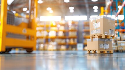 An advanced warehouse featuring an autonomous truck navigating through the facility at night, showcasing modern logistics and technology..