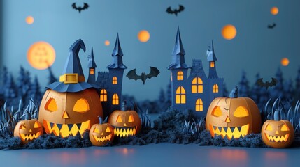 Fototapeta premium Halloween Banner with Jack-o-Lantern Pumpkins and Paper Castle Illustration