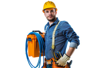 Male electrician holding a toolbox and coiled cables, ready for work, Isolated on white background