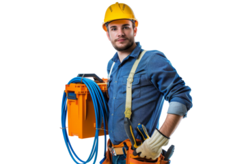 Male electrician holding a toolbox and coiled cables, ready for work, Isolated on white background