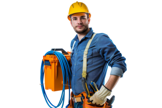 Male electrician holding a toolbox and coiled cables, ready for work, Isolated on white background - Powered by Adobe