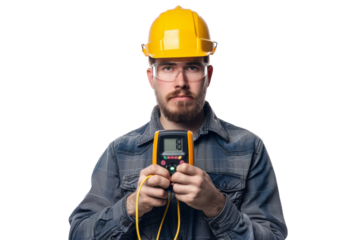 Male electrician using a multimeter to check voltage, focused expression, Isolated on white background