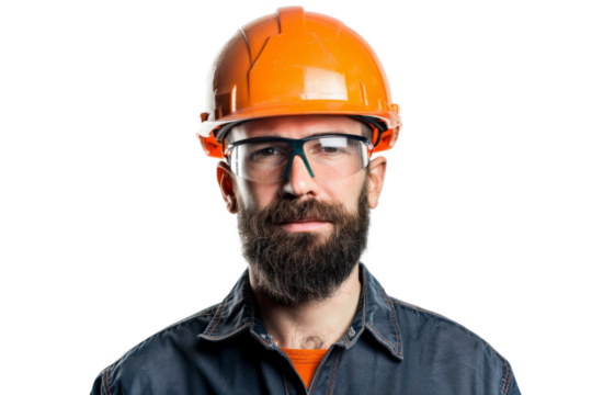 Male electrician wearing a hard hat and safety glasses, confident and professional, Isolated on white background
