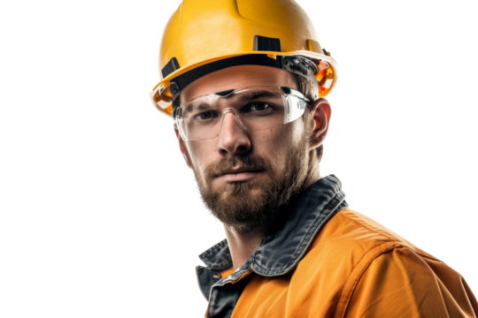 Male electrician wearing a hard hat and safety glasses, confident and professional, Isolated on white background