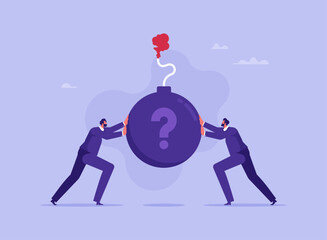 Pushing problems and troubles onto each other concept, shirking responsibility for wrong mistakes or decisions, being selfish and irresponsible, two businessmen pushing a burning bomb onto each other