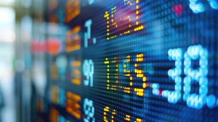 Obraz premium Close-up of stock market charts and data visualization on digital screens, illustrating market trends, financial analysis, and trading activity..