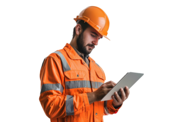 Male engineer in hard hat using tablet, isolated on white background