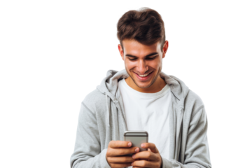 Man with a big smile texting on his phone Isolated on white background