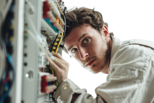 Male electrician working with a fuse box, concentration on his face, Isolated on white background