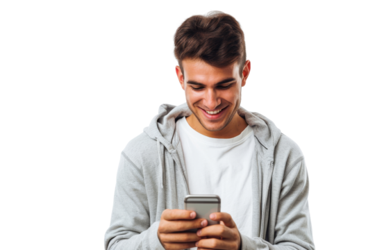 Man with a big smile texting on his phone Isolated on white background