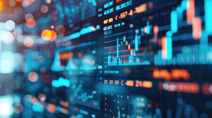 Close-up of stock market charts and data visualization on digital screens, illustrating market trends, financial analysis, and trading activity..