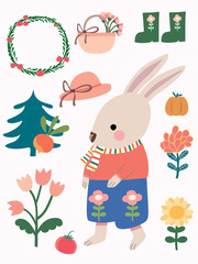 rabbit and carrot, flowers in pots, rabbit, bunny and Santa, Christmas and cute bunny, element Christmas animal, card Christmas, set cute Christmas, draw vector cute bunny in garden for summ