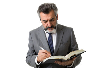 Mature entrepreneur writing plans in a diary Isolated on white background