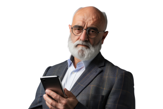 Mature businessman using smartphone with focused look, isolated on white background