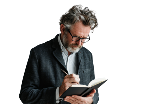 Mature entrepreneur writing plans in a diary Isolated on white background