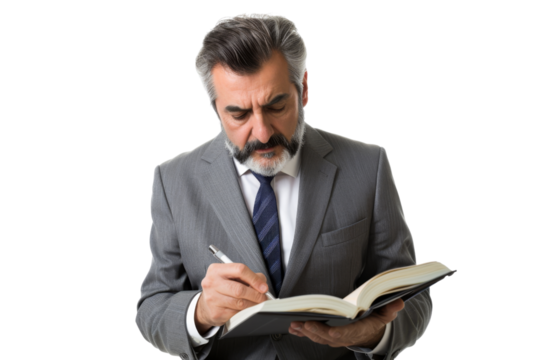 Mature entrepreneur writing plans in a diary Isolated on white background