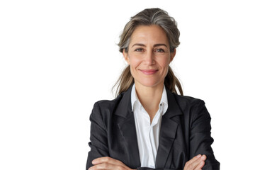 Middle aged female entrepreneur with ponytail in professional outfit smiling Isolated on white background