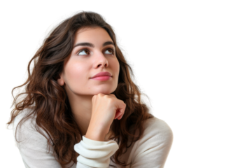 Pensive woman with curly hair, lost in thought, isolated on white background