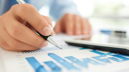 Close-up of a person analyzing financial charts and graphs with a pen and a laptop, highlighting data analysis, financial planning, and business strategy..