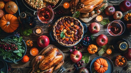 Friendsgiving Feast: Turkey, Pie, and Wine on Thanksgiving Day Table - Top View