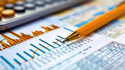 A close-up of financial charts, a pen, and documents, emphasizing data analysis, investment, and business planning...