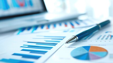 A close-up of financial charts, a pen, and documents, emphasizing data analysis, investment, and business planning...
